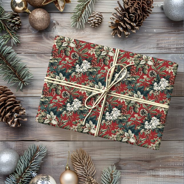 Papel De Presente Floral de Natal Tradicional Vermelho e Pinecone (Criador carregado)