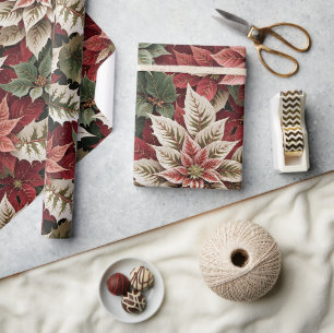Papel De Presente Floral de Natal Vintage com Poeira de Ouro