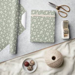 Papel De Presente Floral Delicado Neutro Suave Verde Sage Cottagecor