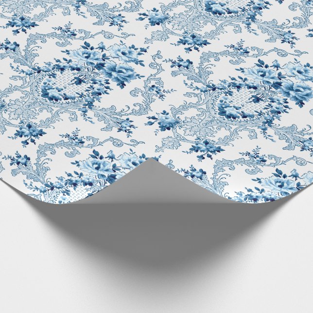 Papel De Presente Floral do Rococo Francês Branco e Azul (Ponta)