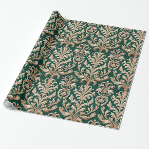 Papel De Presente Floral Dourada pálida Damask Forest Velvet Verde