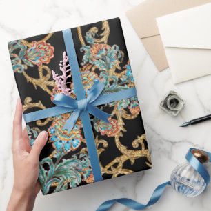 Papel De Presente Floral Dourado Barroco Elegante