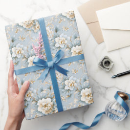 Papel De Presente Floral Dourado, branco e azul esmagador, em pó fra