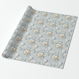 Papel De Presente Floral Dourado, branco e azul esmagador, em pó fra