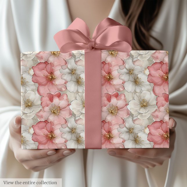 Papel de presente floral dourado e rosa pastel eté (Ethereal pastel pink and gold floral gift wrap)