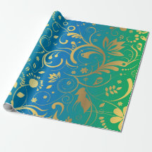 Floral Dourado em Fundo Gradiente Verde e Azul