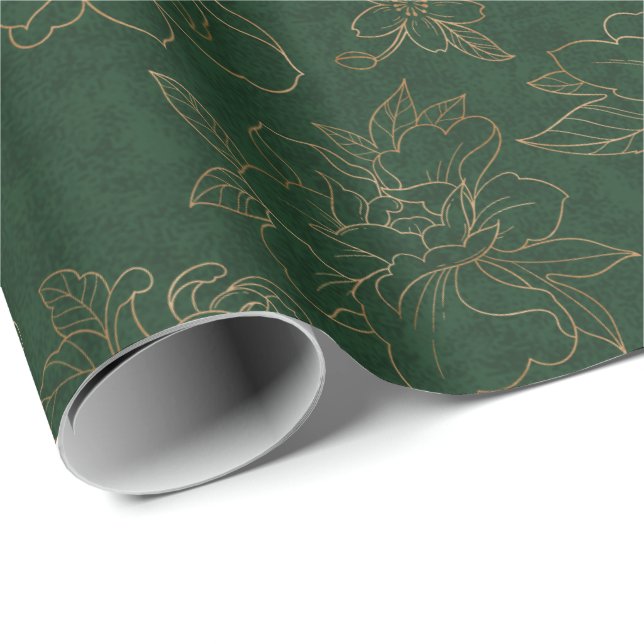 Papel De Presente Floral Dourado gravado em verde BG (Ponta do rolo)