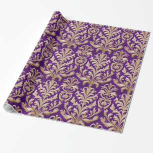 Papel De Presente Floral Dourado pálido Damasco Real Velvet Roxo