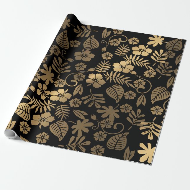 Papel De Presente Floral Dourado & Preto (Desenrolado)