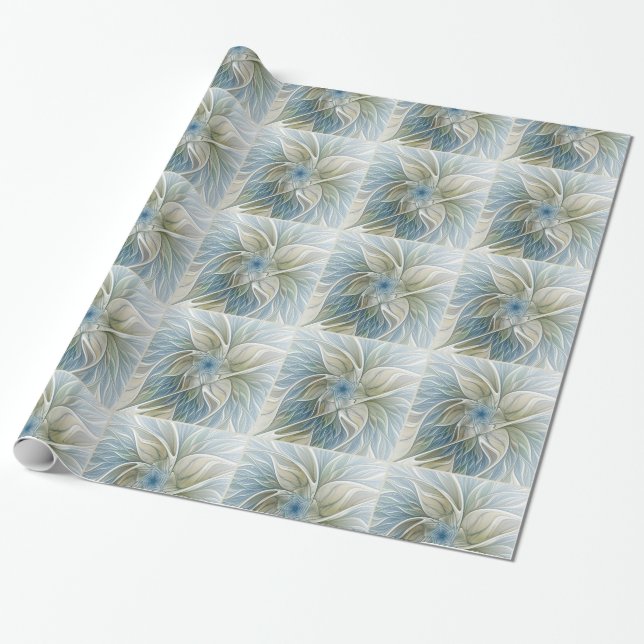 Papel De Presente Floral Dream Pattern Abstrato Blue Khaki Fractal (Desenrolado)