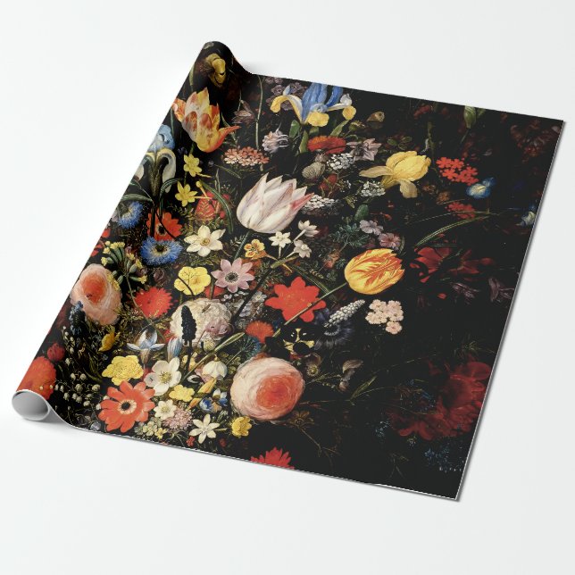 Papel De Presente Floral Elegante Botânico Escuro (Desenrolado)