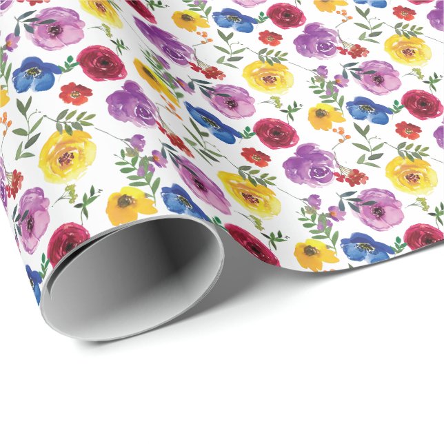 Papel de Presente Floral em Aquarela Brilhante e O (Ponta do rolo)