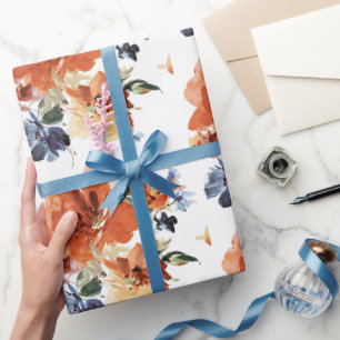 Papel De Presente Floral em aquarela laranja e azul