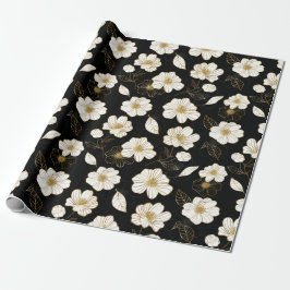 Papel De Presente Floral em Ouro Branco sobre Preto