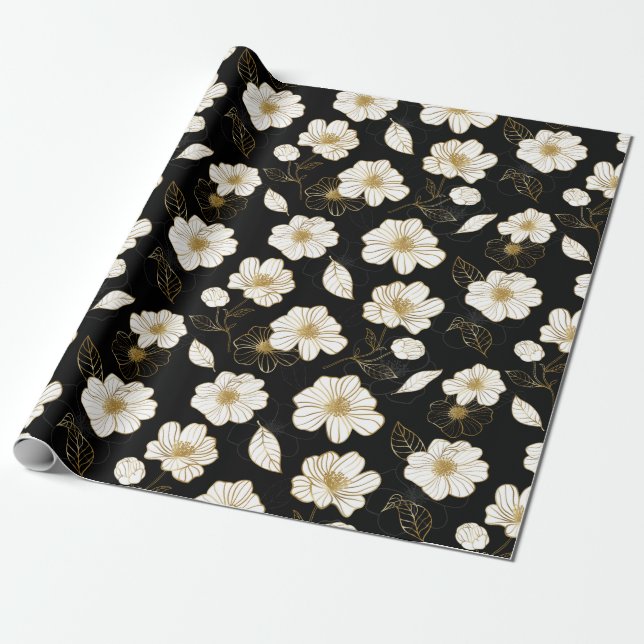 Papel De Presente Floral em Ouro Branco sobre Preto (Desenrolado)