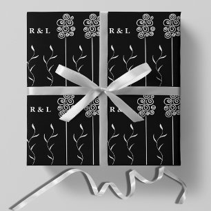 Papel De Presente Floral Enrolada Minimalista Preto e Branco
