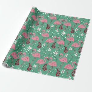Papel De Presente Floral flamingo sem costura, padrão rosa verde