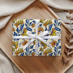 Papel De Presente Floral Folclórico Amarelo Laranja Vintage Folha Az