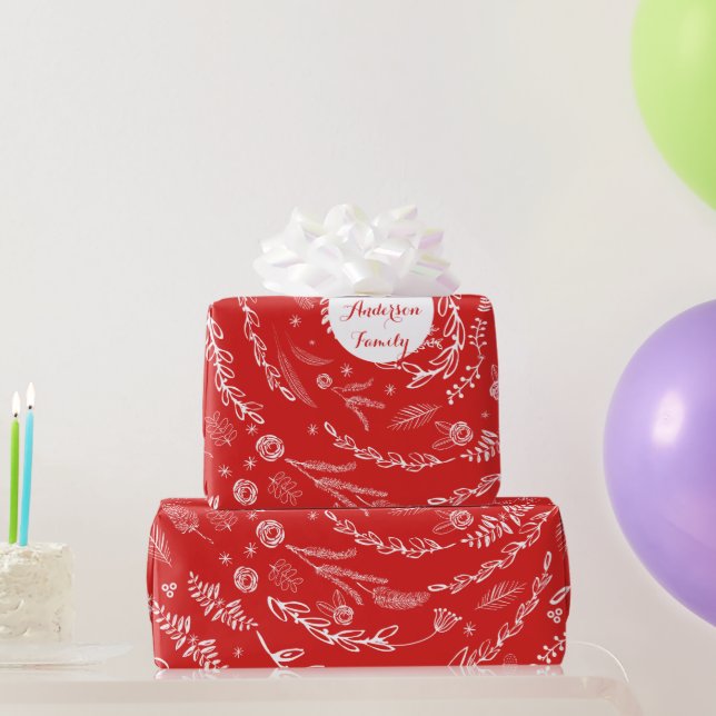 Papel De Presente Floral Folk Art Antler Padrão Vermelho de Natal (Presentes para festas)