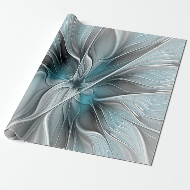 Papel De Presente Floral Fractal Moderno Abstrato Flor Azul Cinza (Desenrolado)