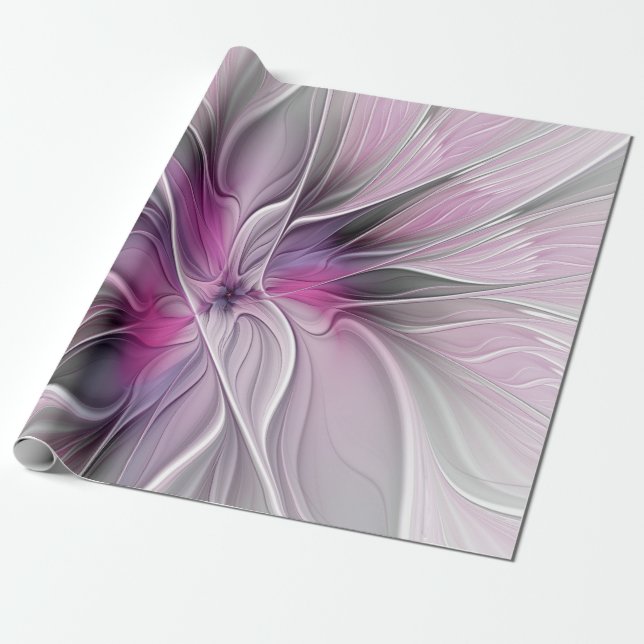 Papel De Presente Floral Fractal Moderno Abstrato Flor Rosa Cinza (Desenrolado)