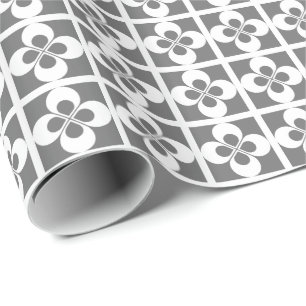 Papel De Presente Floral Geométrico Branco na Cinza