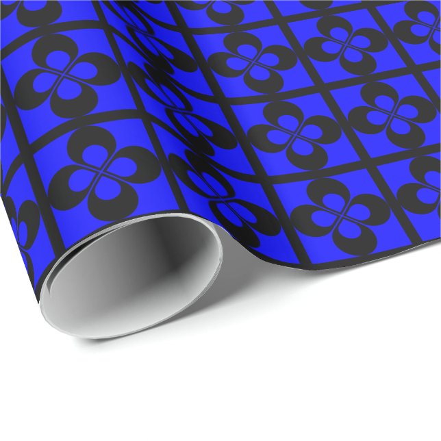 Papel De Presente Floral Geométrico Preto em Azul (Ponta do rolo)