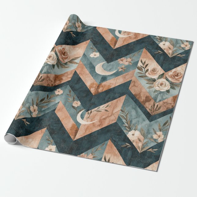 Papel De Presente Floral Geométrico Rústico com Luas Crescentes (Desenrolado)