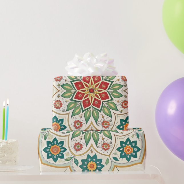 Papel De Presente Floral Islâmico Verde Vermelho Elegante (Presentes para festas)