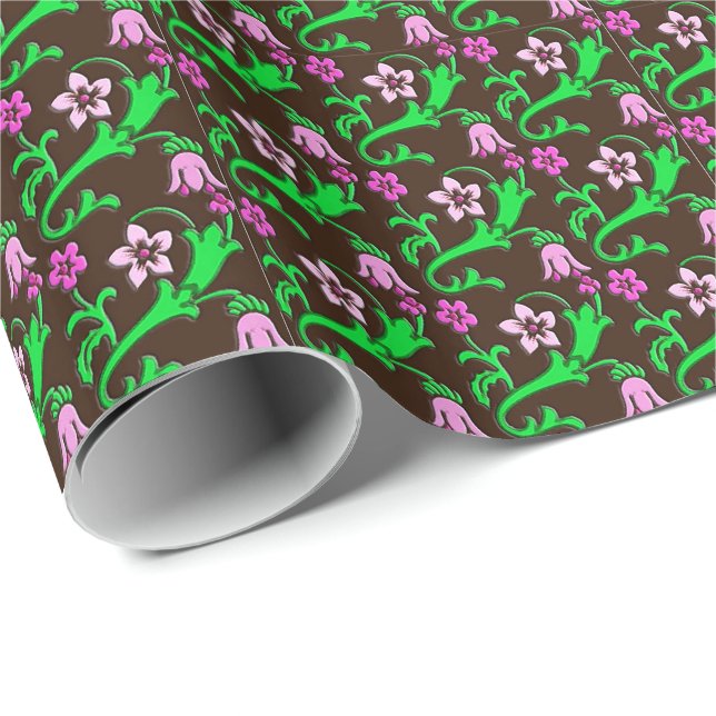 Papel De Presente Floral Jacobean - rosa, verde, chocolate (Ponta do rolo)