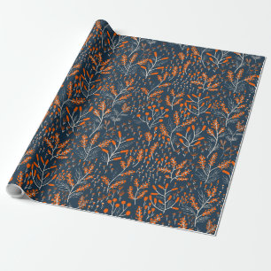 Papel De Presente Floral Laranja e Azul