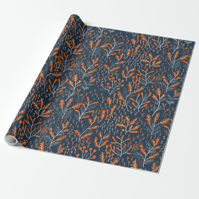 Papel De Presente Floral Laranja e Azul (Desenrolado)