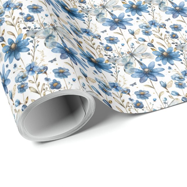 Papel de Presente Floral Libélula Azul e Flores (Ponta do rolo)