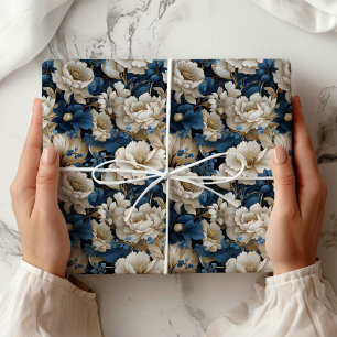 Papel de Presente Floral Luxuoso Azul Branco Marfi