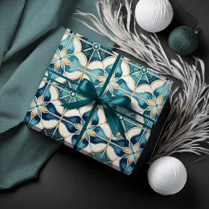 Papel De Presente Floral Marroquino - Padrão de Azulejo nº 1 Teal Wh