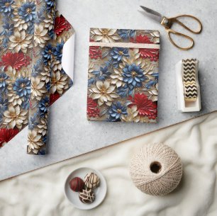 Papel De Presente Floral Metálico 3D com Cores Douradas e Negrito