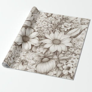 Papel De Presente Floral Neutro Suave com Botânica Clássica