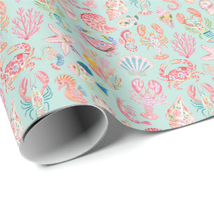 Papel De Presente Floral Oceânico Préppy Vida Marinha
