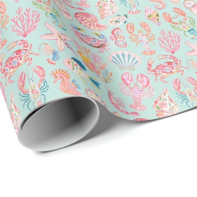 Papel De Presente Floral Oceânico Préppy Vida Marinha (Ponta do rolo)