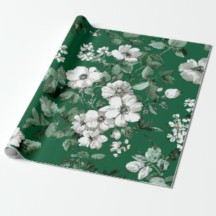 Papel De Presente Floral Ousado Vintage Botânico Branco Verde Rústic