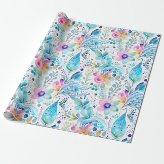 Papel De Presente Floral Pasley Ferns Azul e Rosa