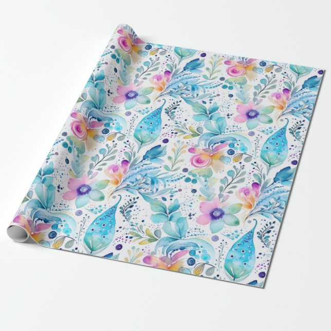 Papel De Presente Floral Pasley Ferns Azul e Rosa (Desenrolado)