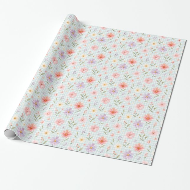Papel de Presente Floral Pastel em Azul Água Xadre (Desenrolado)