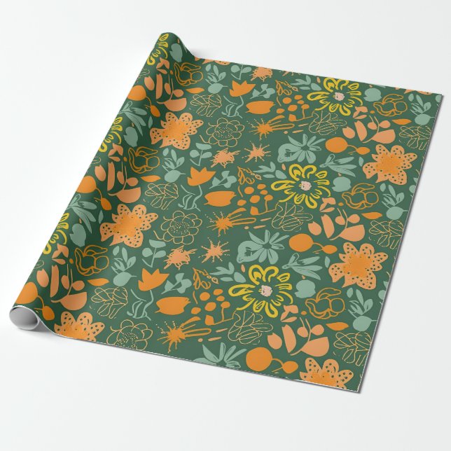 Papel De Presente Floral pattern on a dark green background  (Desenrolado)