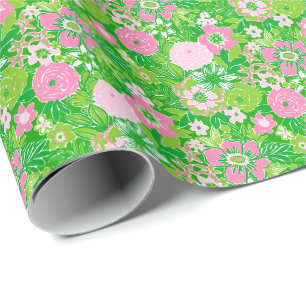 Papel De Presente Floral Preppy de Palm Beach Rosa e Verde