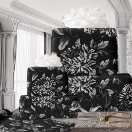 Papel De Presente Floral Preto e Branco Vintage Dahlias de Tamanho E