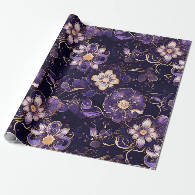 Papel De Presente Floral Puro Escuro e Faux Dourado (Desenrolado)