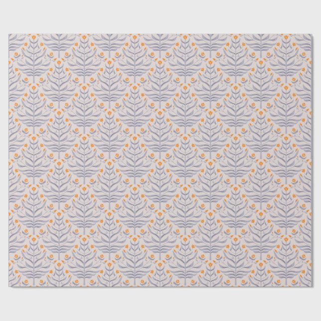 Papel de presente floral ramificado cinza e amarel (Aberto)