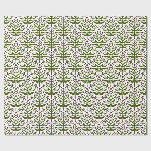 Papel de presente floral ramificado roxo e verde (Aberto)