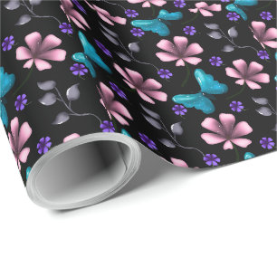 Papel De Presente Floral Rosa Caprichosa e Borboleta Azul Sem Costur